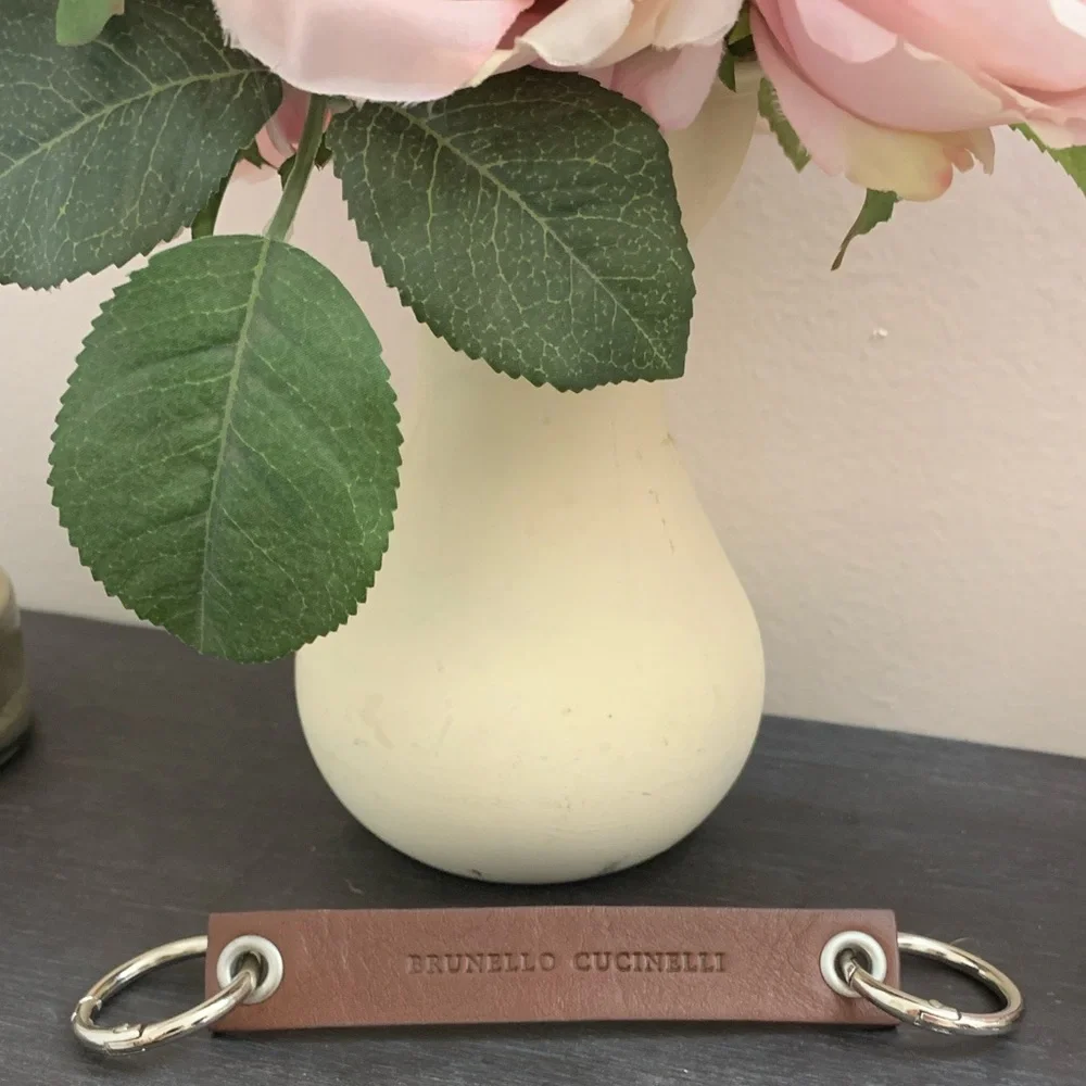 Brunello Cucinelli Brown Leather Keychain with Silver Hardware